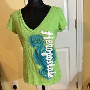 Aeropostale Lime Green V-Neck Tee with Blue Floral